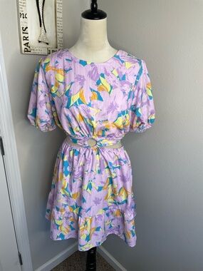 Dress Up Purple Floral Cutout Dress Large Retro Y2K Tropical Mini Dress